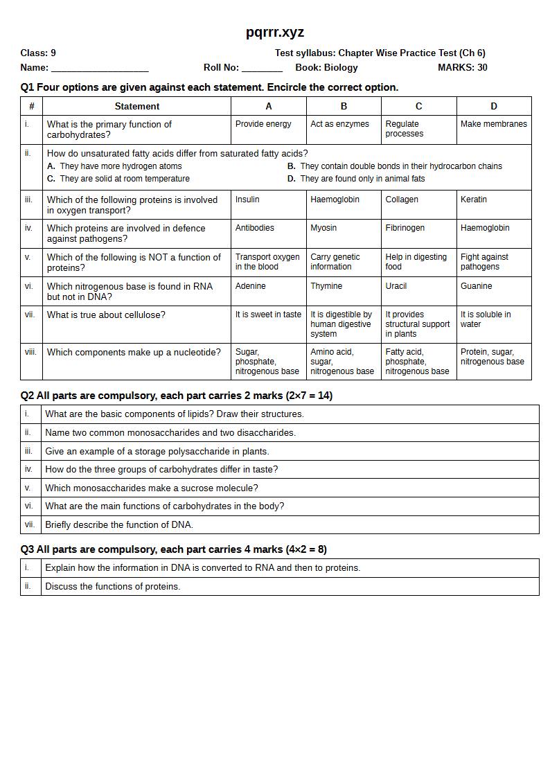 First page of 9th Biology – Chapter 6 – Biomolecules – Chapter Wise Practice Test, 30 marks (English)
