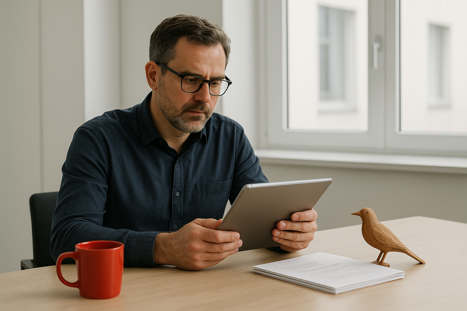 Ein Mann mittleren Alters sitzt in einem modernen, minimalistischen Büro und blickt konzentriert auf einen Tablet-Bildschirm; rote Kaffeetasse und kleiner handgeschnitzter Holzvogel auf dem Tisch.