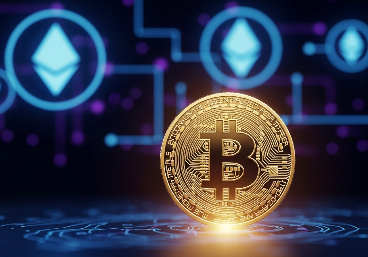 Leuchtende Bitcoin-Münze vor kryptografischem Hintergrund