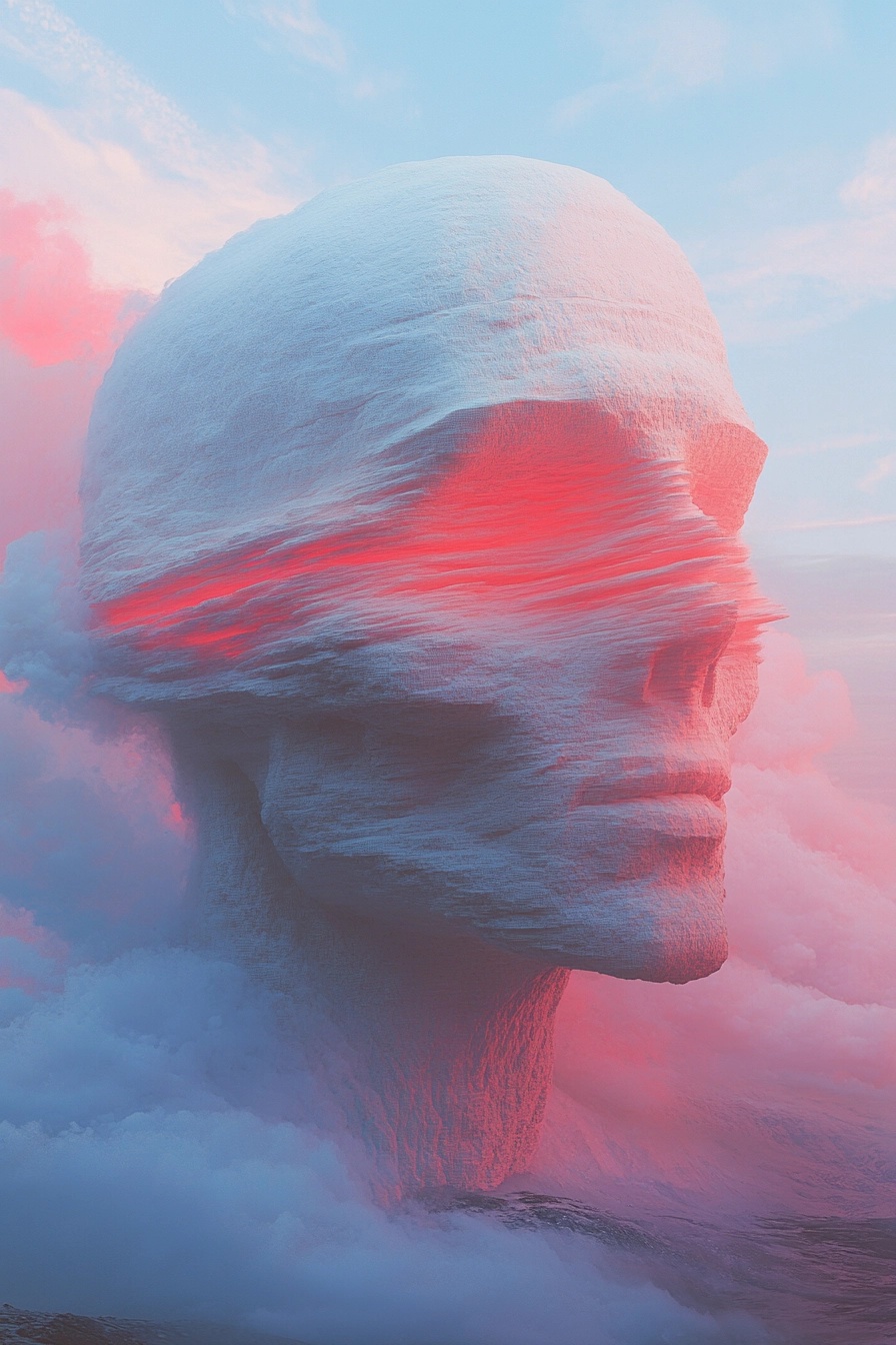 A surreal imagery of a massive skull-like sculpture emerging from soft, swirling clouds, accented by shades of pink and blue. The ethereal atmosphere evokes a sense of mystery and contemplation, with the smooth contours of the skull blending seamlessly with the surrounding fog-like formations, suggesting themes of introspection and the frontier between nature and technology.
