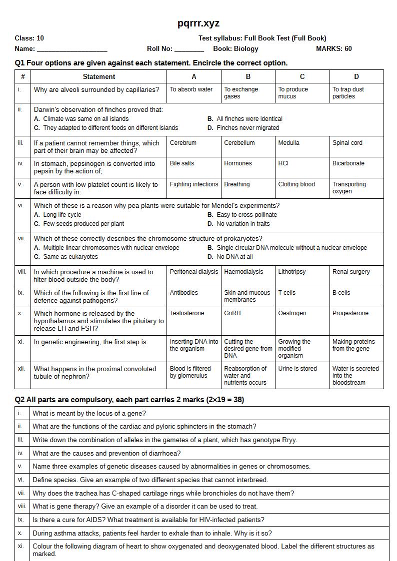 First page of 10th Biology – Complete book – Full Book Test, 60 marks (English)