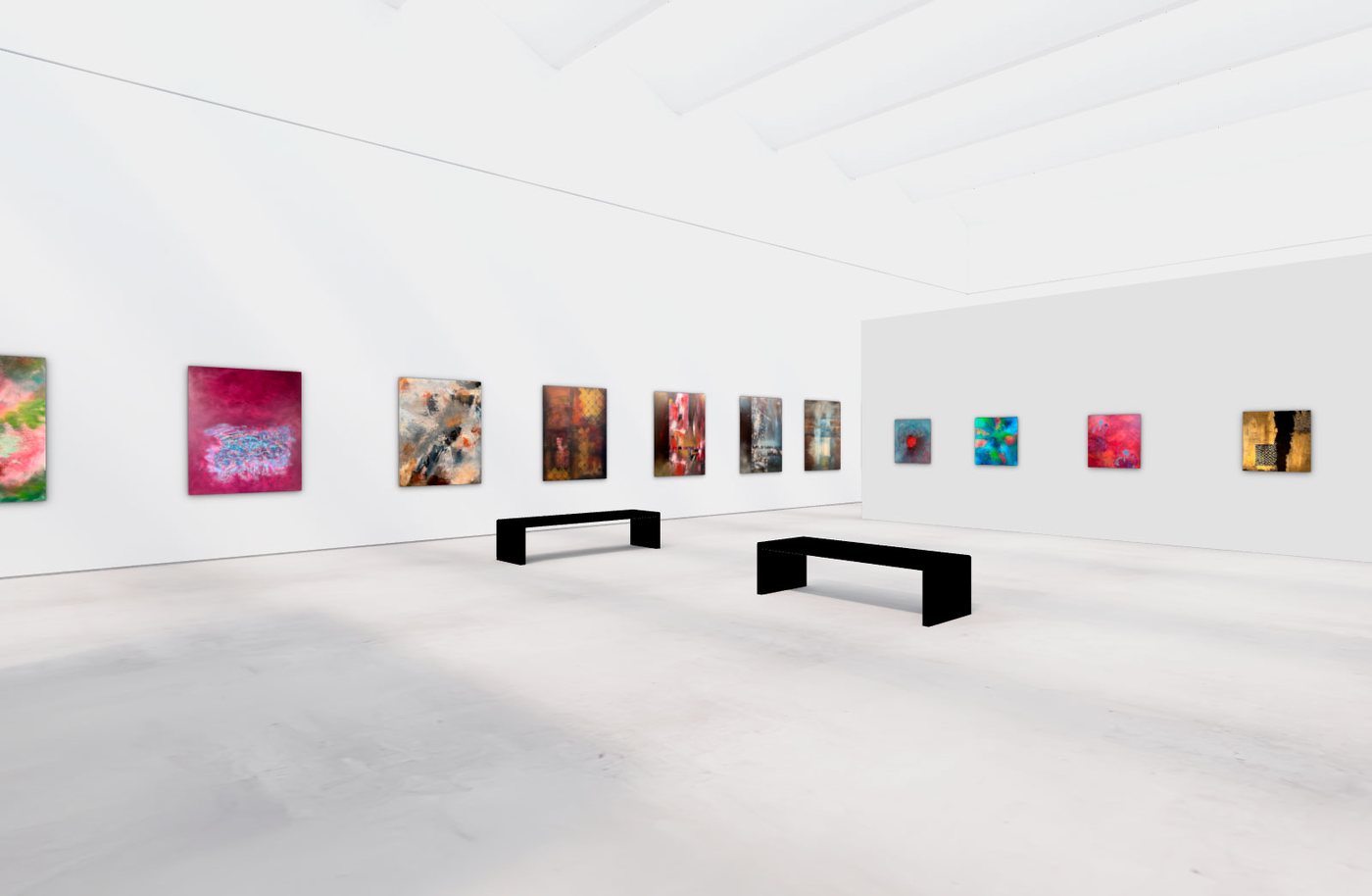 Virtuelt kunstgalleri med malerier på to vægge til en professionel præsentation på LinkedIn
