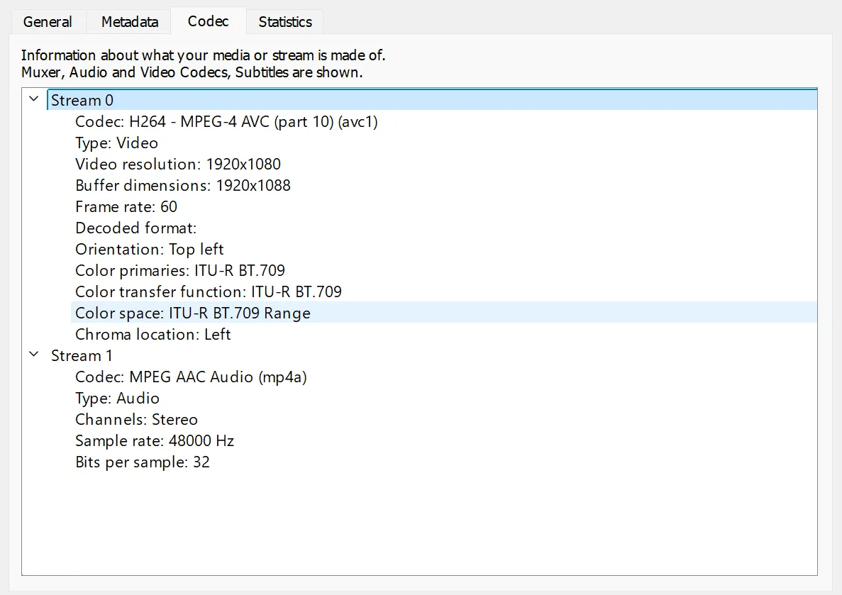 A screen capture of VLC media player, displaying a tab titled “Codec” that has 2 dropdown items, “Stream 0” and “Stream 1” with Stream 0 being H264, and Stream 1 being AAC.