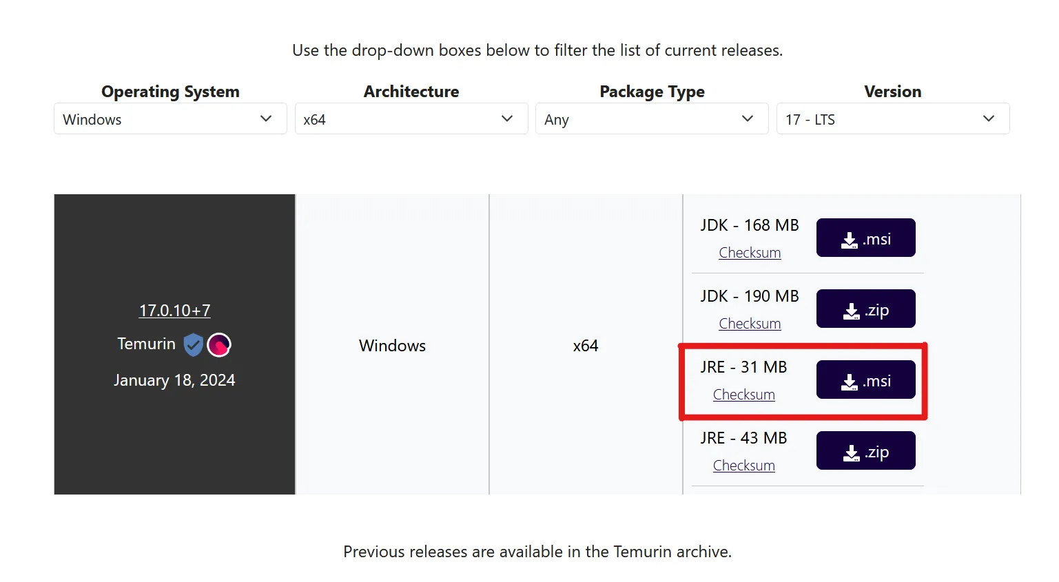 Adoptium's website with the option "JRE - 31 MB - .msi" highlighted.