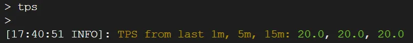 A view of Minecraft server console, with the command "tps" entered. The server responds "TPS from last 1m, 5m, 15m: 20.0, 20.0, 20.0"