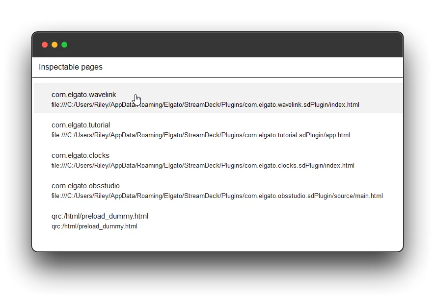 A view of page with the header “Inspectable pages” and 5 clickable options labelled “com.elgato.wavelink”, “com.elgato.tutorial”, “com.elgato.clocks”, “com.elgato.obsstudio”, and “qrc:/html/preload_dummy.html”. The mouse cursor is hovering the “com.elgato.wavelink” option.