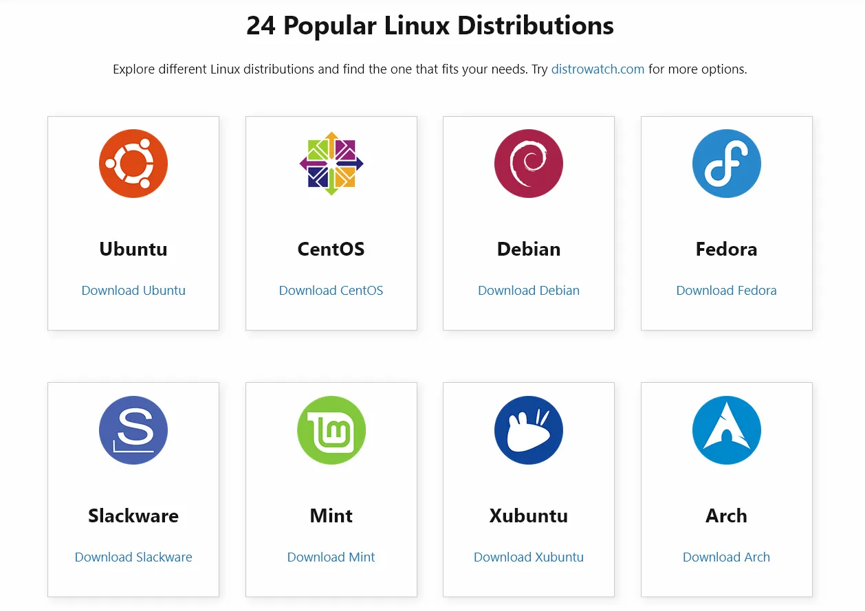 A web page with the heading “24 Popular Linux Distributions” and the subtext “Explore different Linux distributions and find the one that fits your needs. Try distrowatch.com for more options.” It contains 8 different visible buttons to download a distribution, Ubuntu, CentOS, Debian, Fedora, Slackware, Mint, Xubuntu, or Arch.