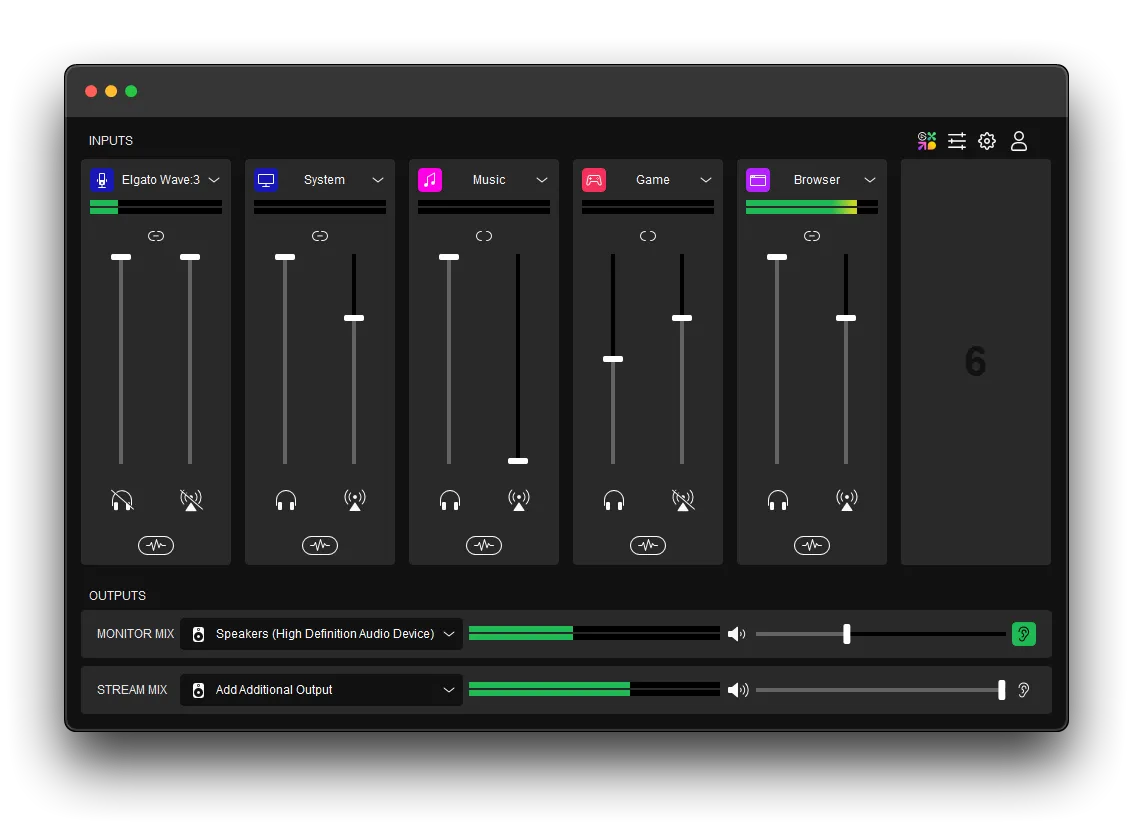 The interface of Elgato's Wave Link software. Displayed prominently are 5 groups of input audio faders, and 2 output mixers layed on top of each other at the bottom of the window.