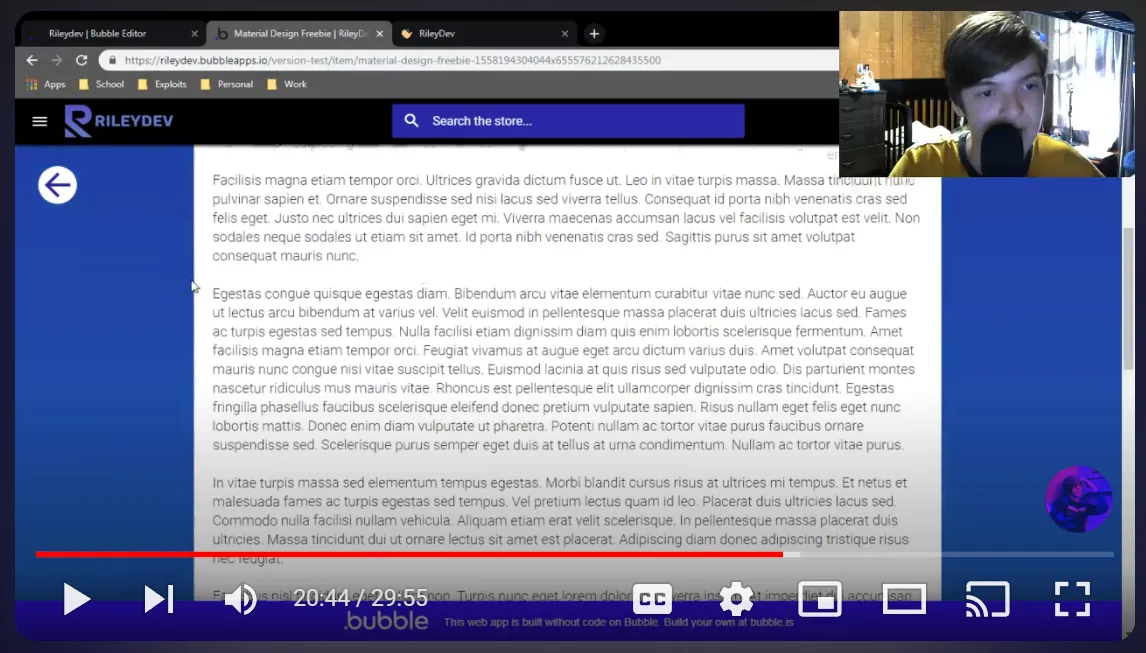 A screenshot of the YouTube player, where a young Wilson is seen in the top right working on a website labeled "RileyDev"