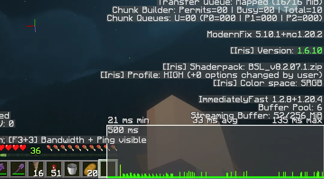 The Minecraft debug screen, with the bandwidth profiler open - displaying a graph of response times in milliseconds between the client and the server.