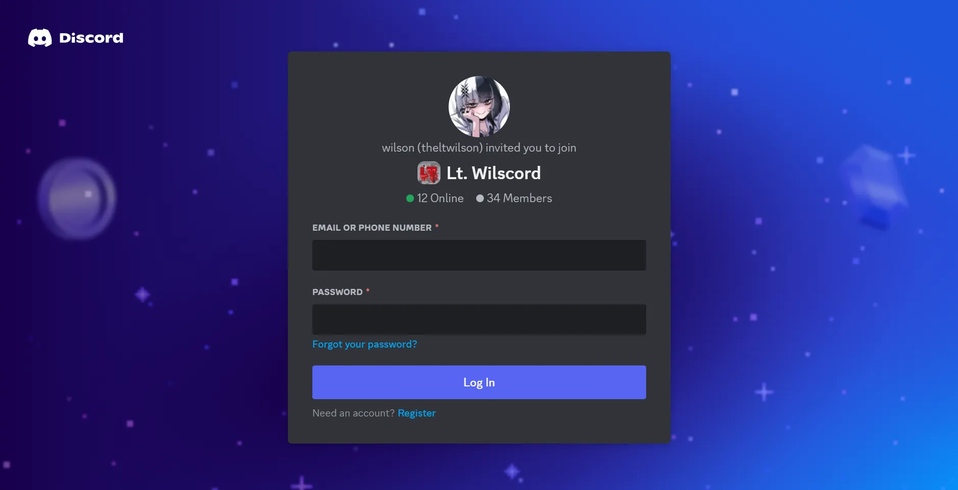 A screenshot of an invite page for a Discord server. The page displays that you were invited to "Lt. Wilscord" and are prompted to login or create an account.