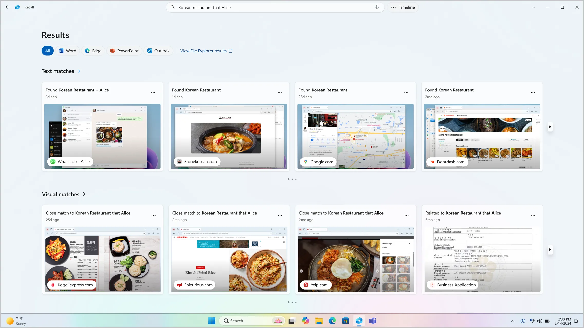 A user interface for the Windows Recall app, which displays a search box with the pre-filled in text “Korean restaurant that Alice”. The app displays multiple images of screenshots that pertain to this search.