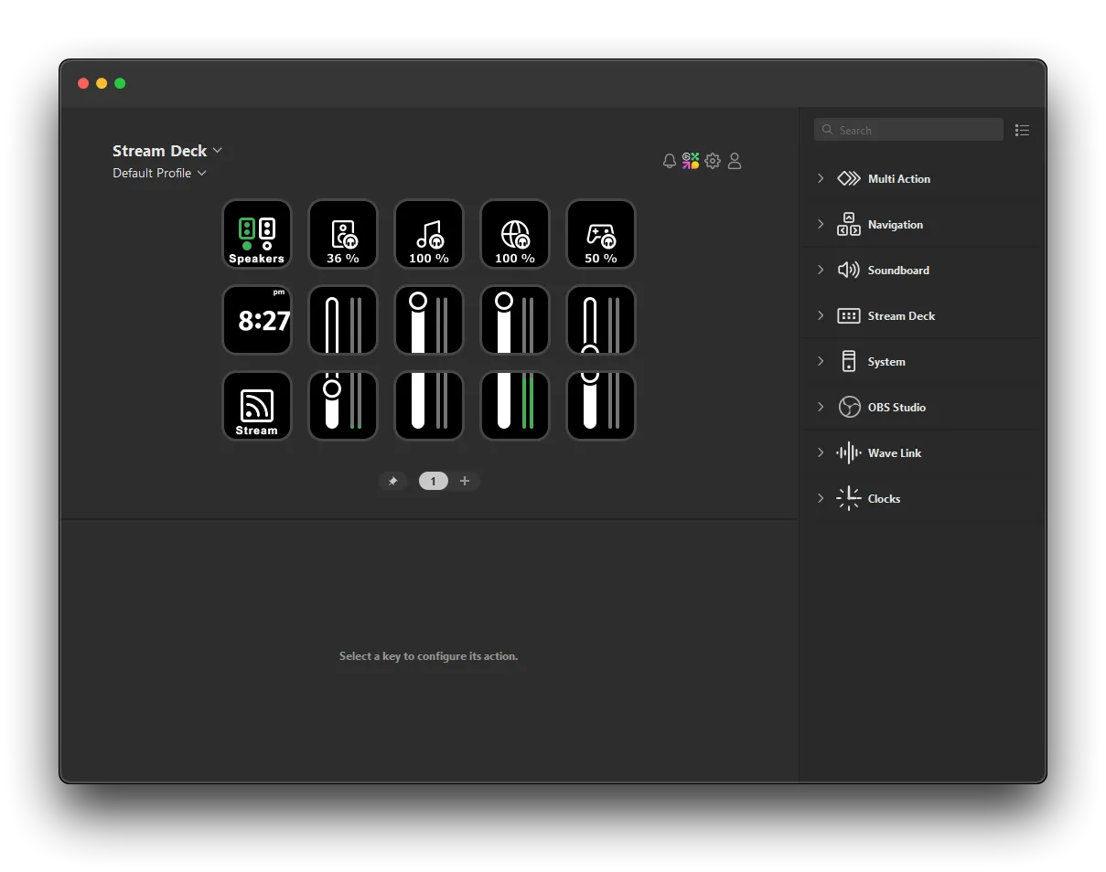 Elgato’s Stream Deck software, with 15 programmable buttons displayed in the center of the screen. On the right hand side, there is a list of categories of actions. At the bottom is an empty group with the label “Select a key to configure its action.”