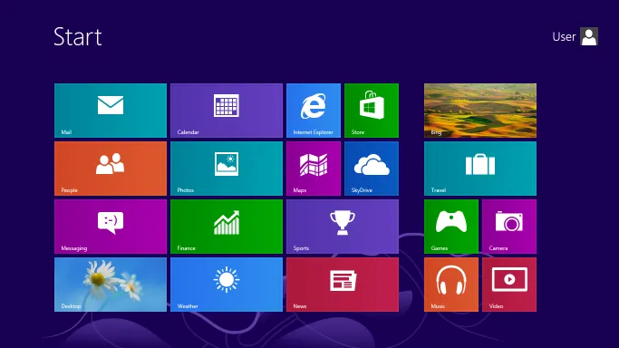 The Windows 8 start menu, which takes up the entire screen and uses a large tile-like grid to display apps.