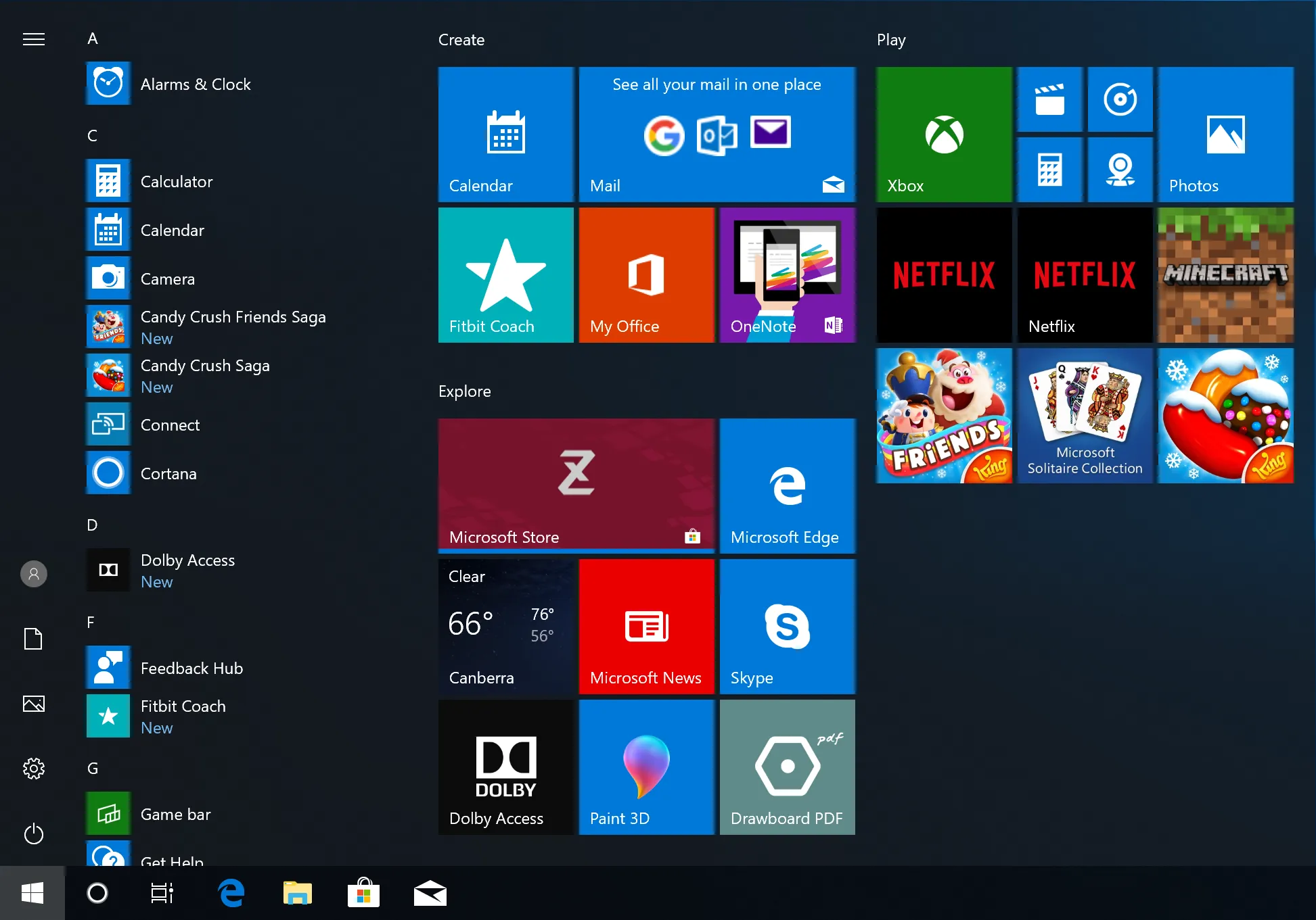 The Windows 10 start menu with a bunch of preinstalled apps like Office, Candy Crush Saga, Minecraft, and others.