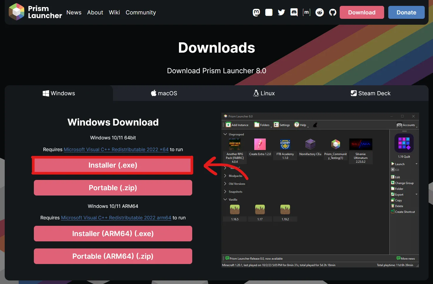 Prism Launcher's website with the option "Installer (.exe)" highlighted.
