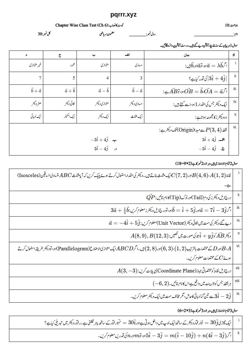 First page of 10th Mathematics – Chapter 6 – Vectors in Plane – Chapter Wise Class Test, 30 marks (Urdu)