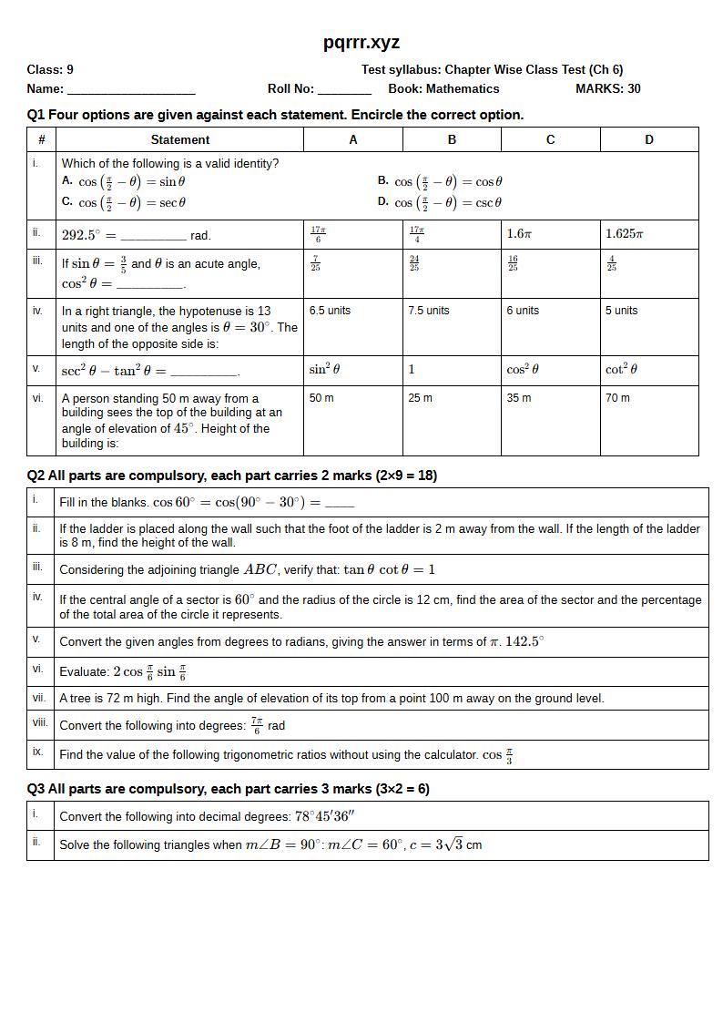 First page of 9th Mathematics – Chapter 6 – Trigonometry – Chapter Wise Class Test, 30 marks (English)