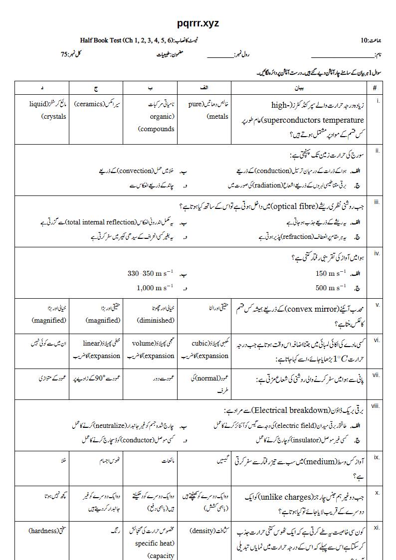 First page of 10th Physics – Half book (Chapters 1–6) – Half Book Test, 75 marks (Urdu)