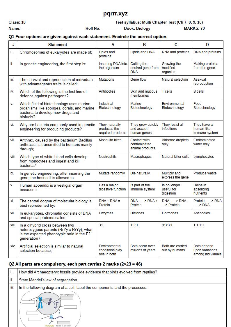First page of 10th Biology – Chapters 7–10 – Multi Chapter Test, 70 marks (English)