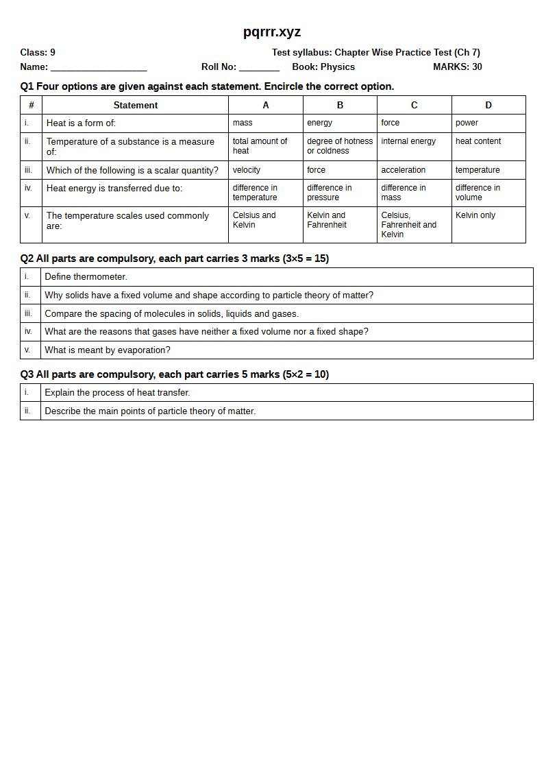 First page of 9th Physics – Chapter 7 – Thermal Properties of Matter – Chapter Wise Practice Test, 30 marks (English)