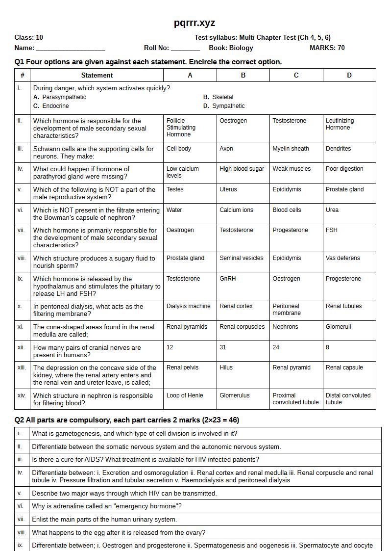 First page of 10th Biology – Chapters 4–6 – Multi Chapter Test, 70 marks (English)