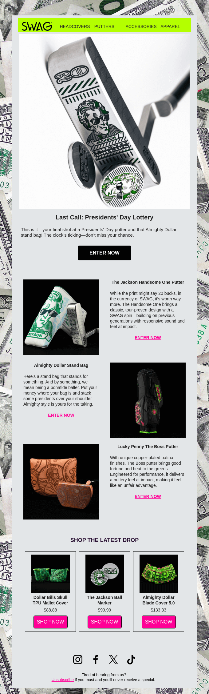 Last Shot Presidents Day Putters Almighty Dollar Bag