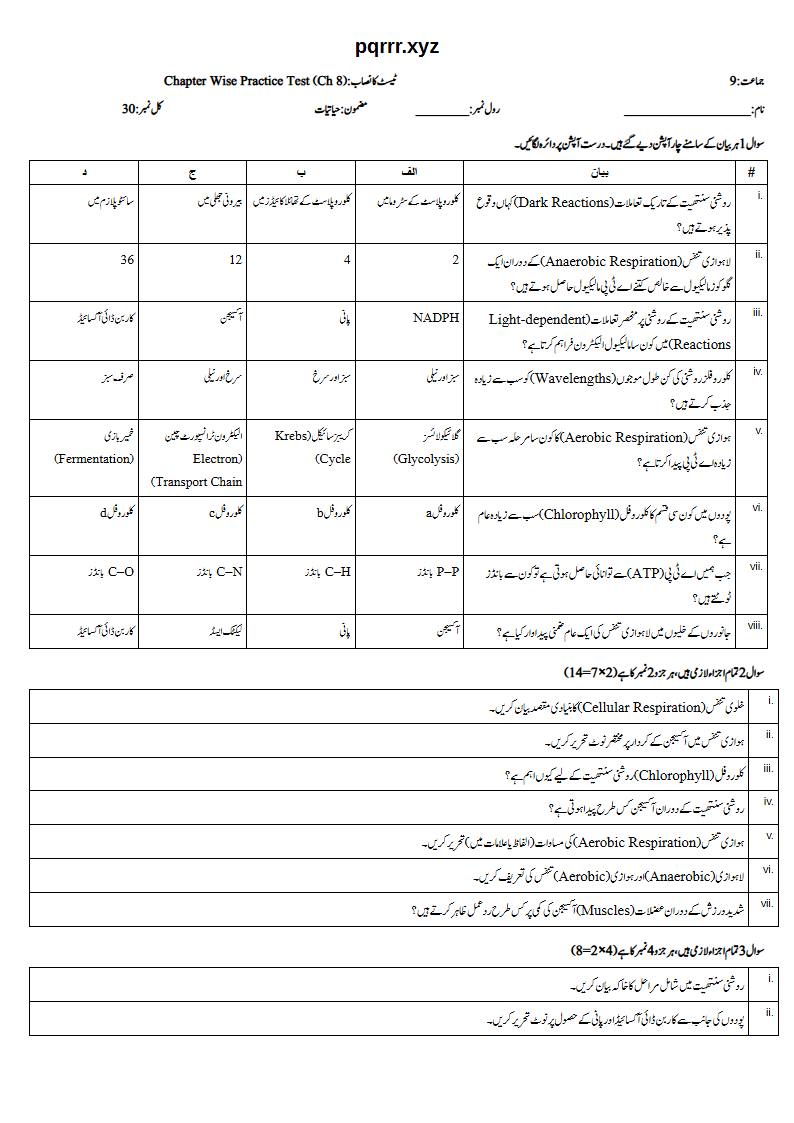 First page of 9th Biology – Chapter 8 – Bioenergetics – Chapter Wise Practice Test, 30 marks (Urdu)