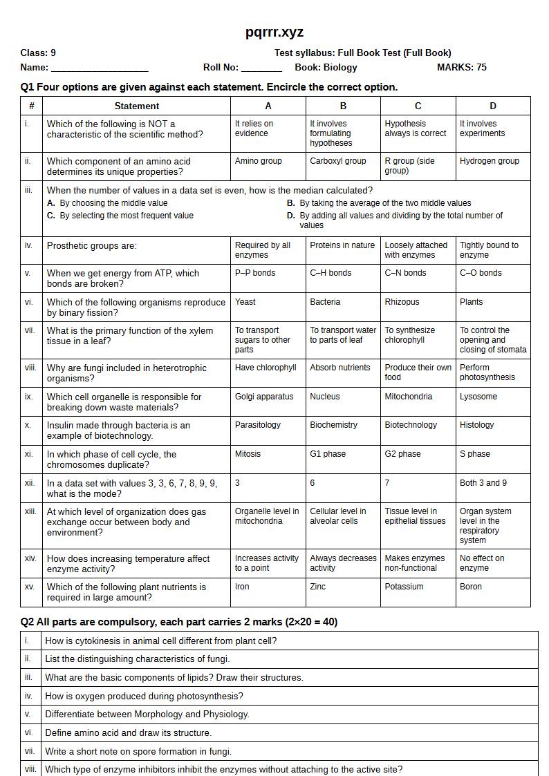 First page of 9th Biology – Complete book – Full Book Test, 75 marks (English)