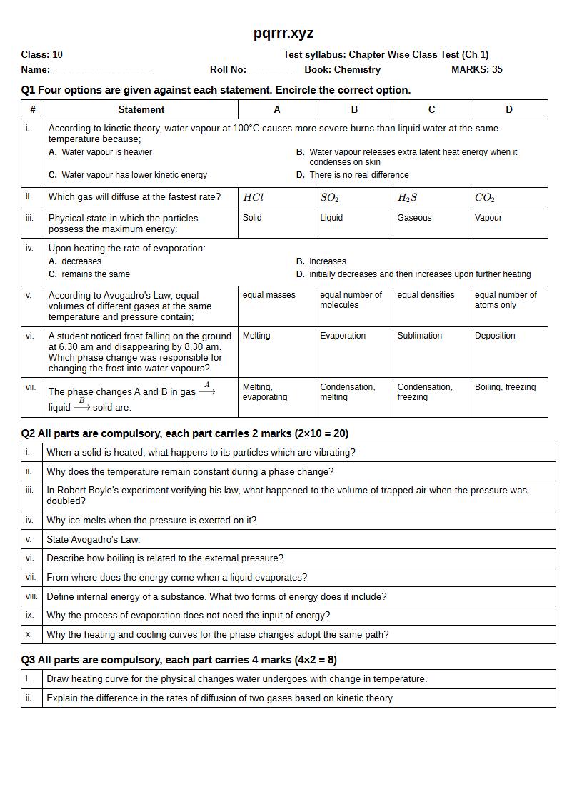 First page of 10th Chemistry – Chapter 1 – States of Matter and Phase Changes – Chapter Wise Class Test, 35 marks (English)