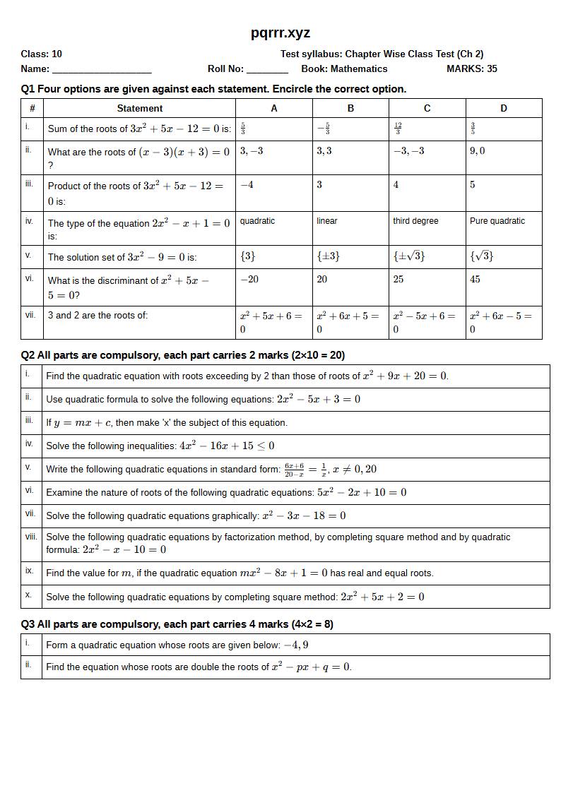 First page of 10th Mathematics – Chapter 2 – Quadratic Equations and Inequalities – Chapter Wise Class Test, 35 marks (English)
