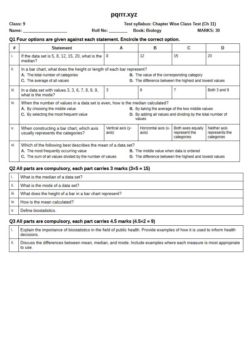 First page of 9th Biology – Chapter 11 – Biostatistics – Chapter Wise Class Test, 30 marks (English)