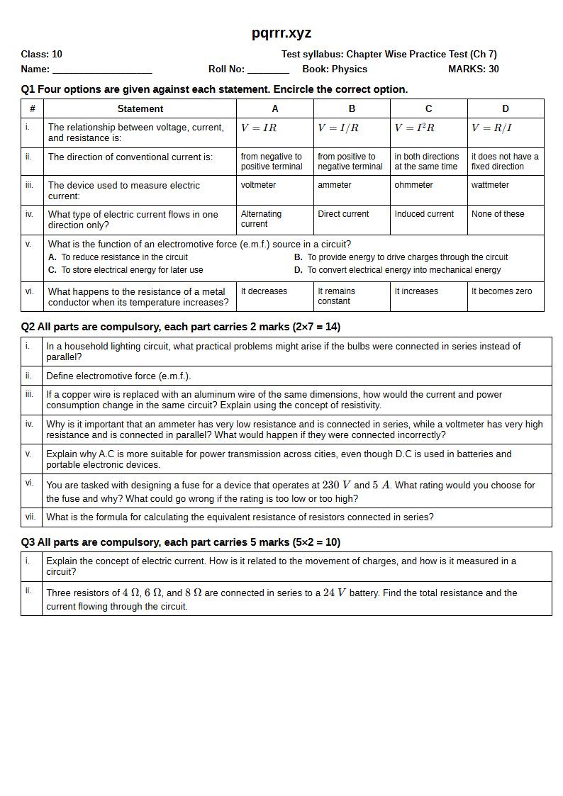 First page of 10th Physics – Chapter 7 – Electricity – Chapter Wise Practice Test, 30 marks (English)