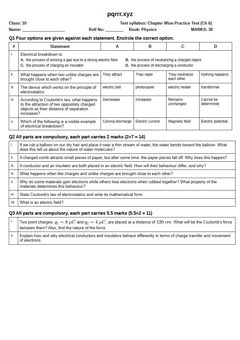 First page of 10th Physics – Chapter 6 – Electrostatics – Chapter Wise Practice Test, 30 marks (English)