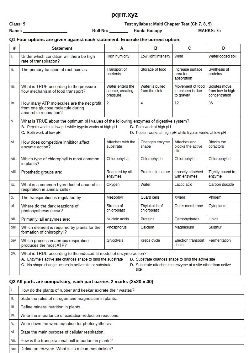 First page of 9th Biology – Chapters 7–9 – Multi Chapter Test, 75 marks (English)