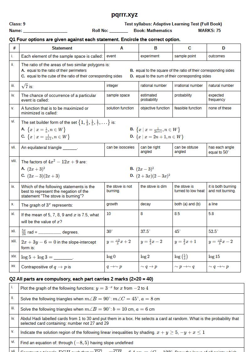 First page of 9th Mathematics – Complete book – Adaptive Learning Test, 75 marks (English)