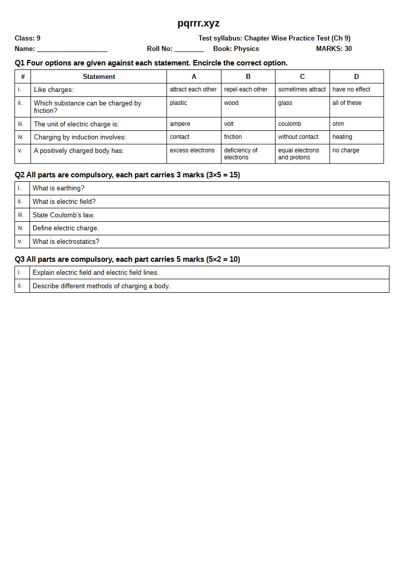 First page of 9th Physics – Chapter 9 – Electrostatics – Chapter Wise Practice Test, 30 marks (English)