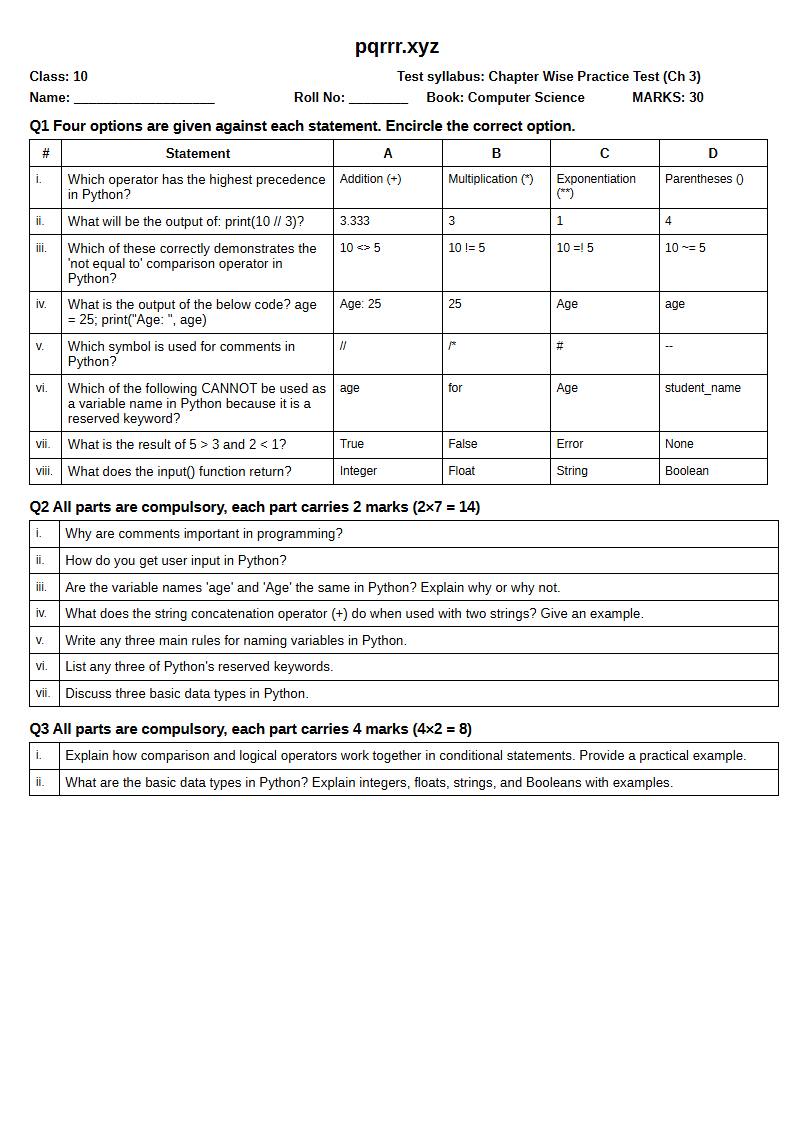 First page of 10th Computer Science – Chapter 3 – Introduction to Python Programming – Chapter Wise Practice Test, 30 marks (English)