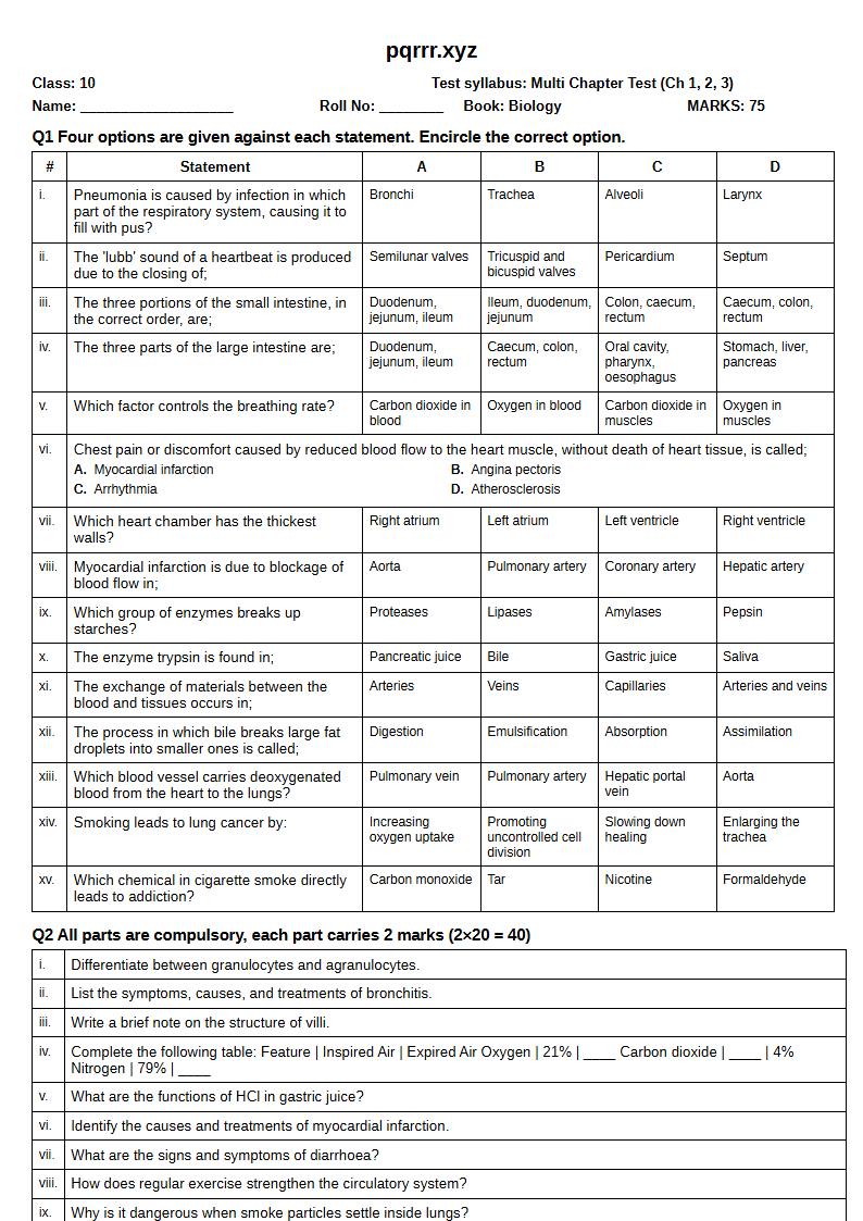 First page of 10th Biology – Chapters 1–3 – Multi Chapter Test, 75 marks (English)