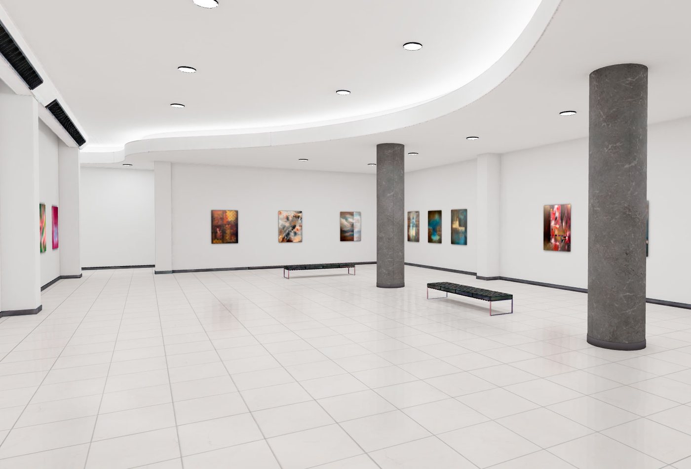 Virtuelt kunstgalleri med malerier hængt op i et lyst 3D-rum