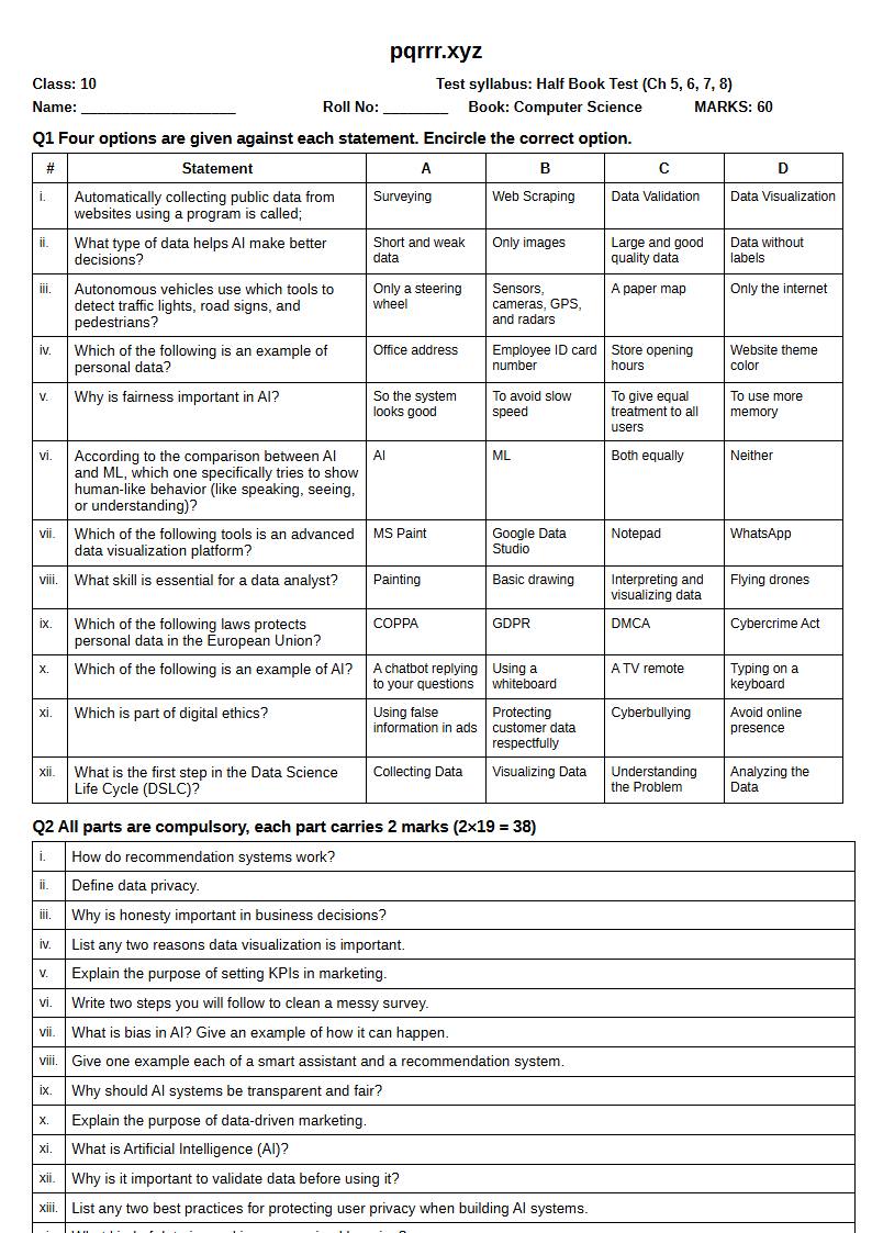 First page of 10th Computer Science – Half book (Chapters 5–8) – Half Book Test, 60 marks (English)