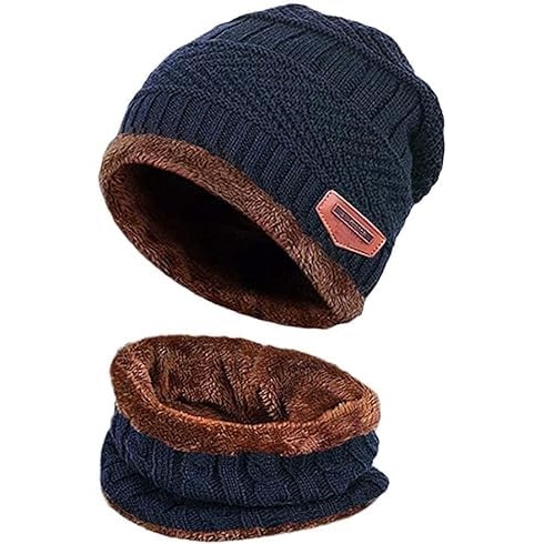 BDyana Premium Woolen Winter Cap with Neck Muffler Nevy Blue & Brown Color | 