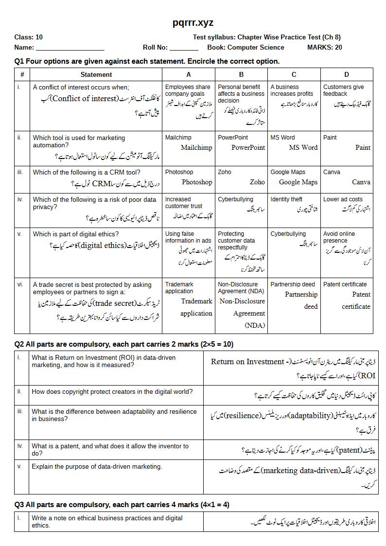 First page of 10th Computer Science – Chapter 8 – Digital Entrepreneurship – Chapter Wise Practice Test, 20 marks (English + Urdu)