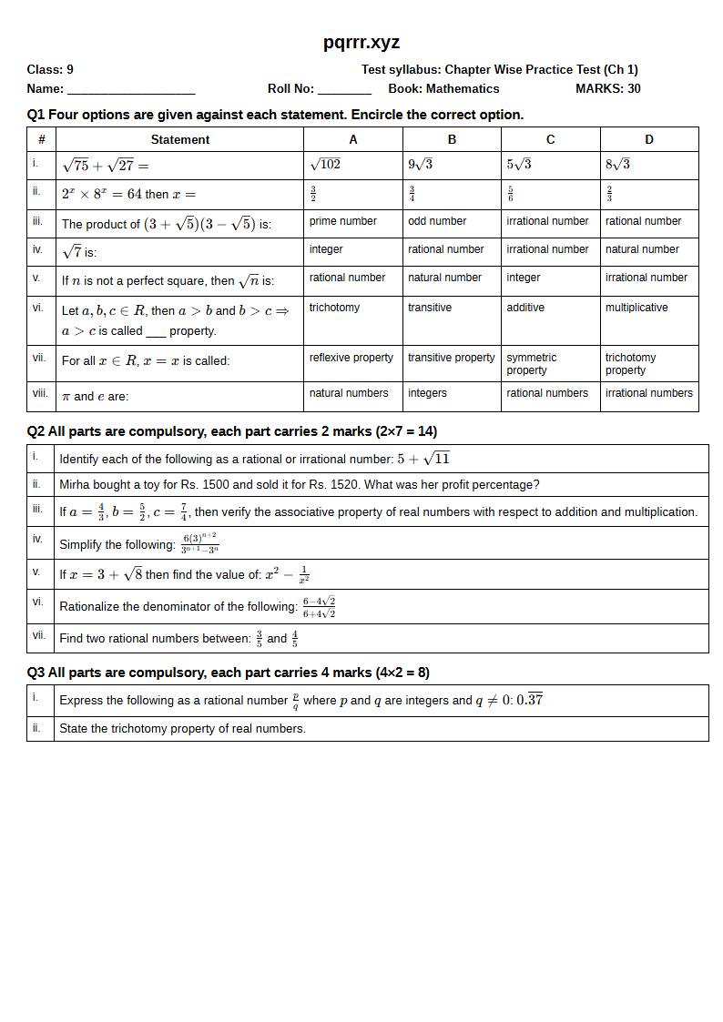 First page of 9th Mathematics – Chapter 1 – Real Numbers – Chapter Wise Practice Test, 30 marks (English)