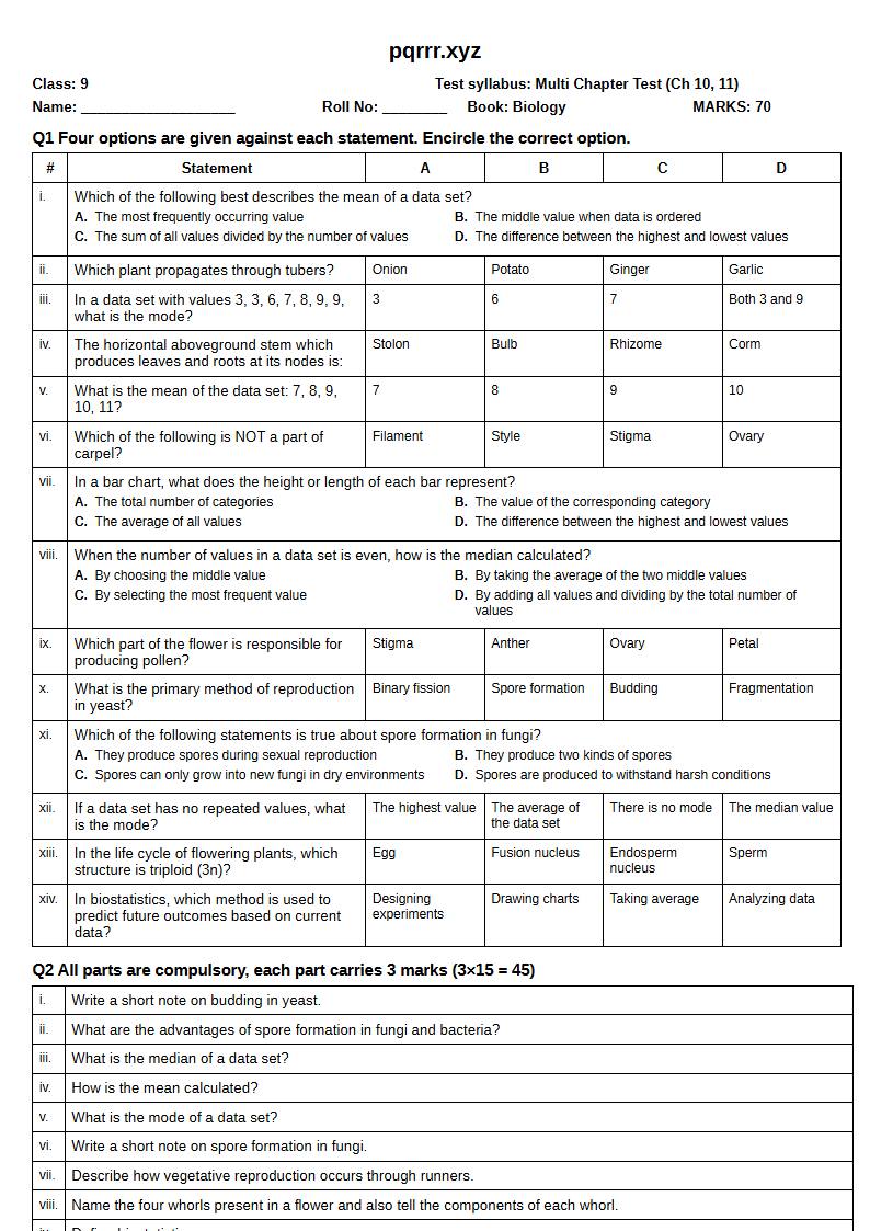 First page of 9th Biology – Chapters 10–11 – Multi Chapter Test, 70 marks (English)