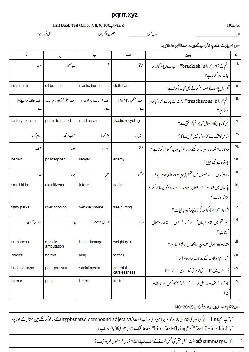 First page of 10th English – Half book (Chapters 6–10) – Half Book Test, 75 marks (Urdu)