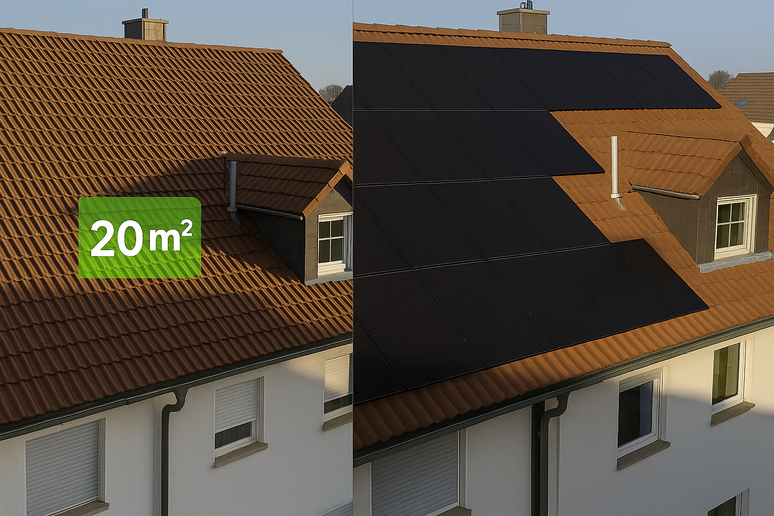 Split-Bild: Links NRW-Reihenhaus mit markierter Dachfläche, Rechts mit Solarmodulen
