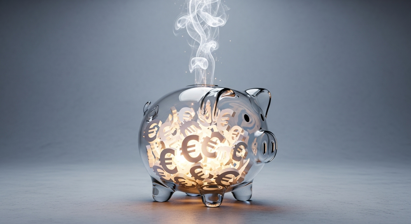 Symbolbild: Transparentes Sparschwein mit Euro-Zeichen, die zu Rauch verdampfen