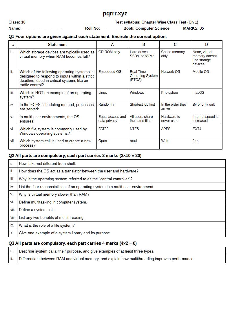 First page of 10th Computer Science – Chapter 1 – Operating Systems: Structure and Services – Chapter Wise Class Test, 35 marks (English)