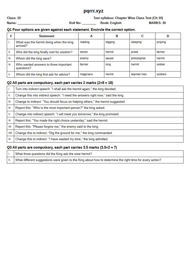 First page of 10th English – Chapter 10 – The Three Questions – Chapter Wise Class Test, 30 marks (English)
